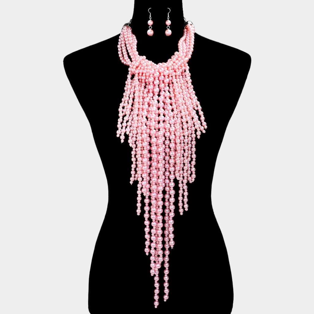 Fringe Pink Pearls Dangle Waterfall Strand Statement Necklace Set Earrings 70$